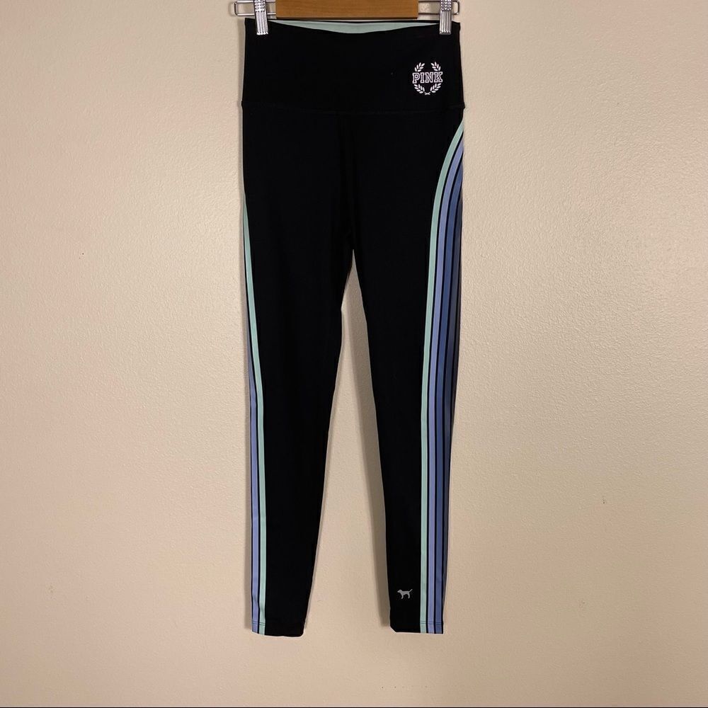 Victoria’s Secret Pink Black w/ Blue & Green‎ Stripe Side High Waisted Leggings